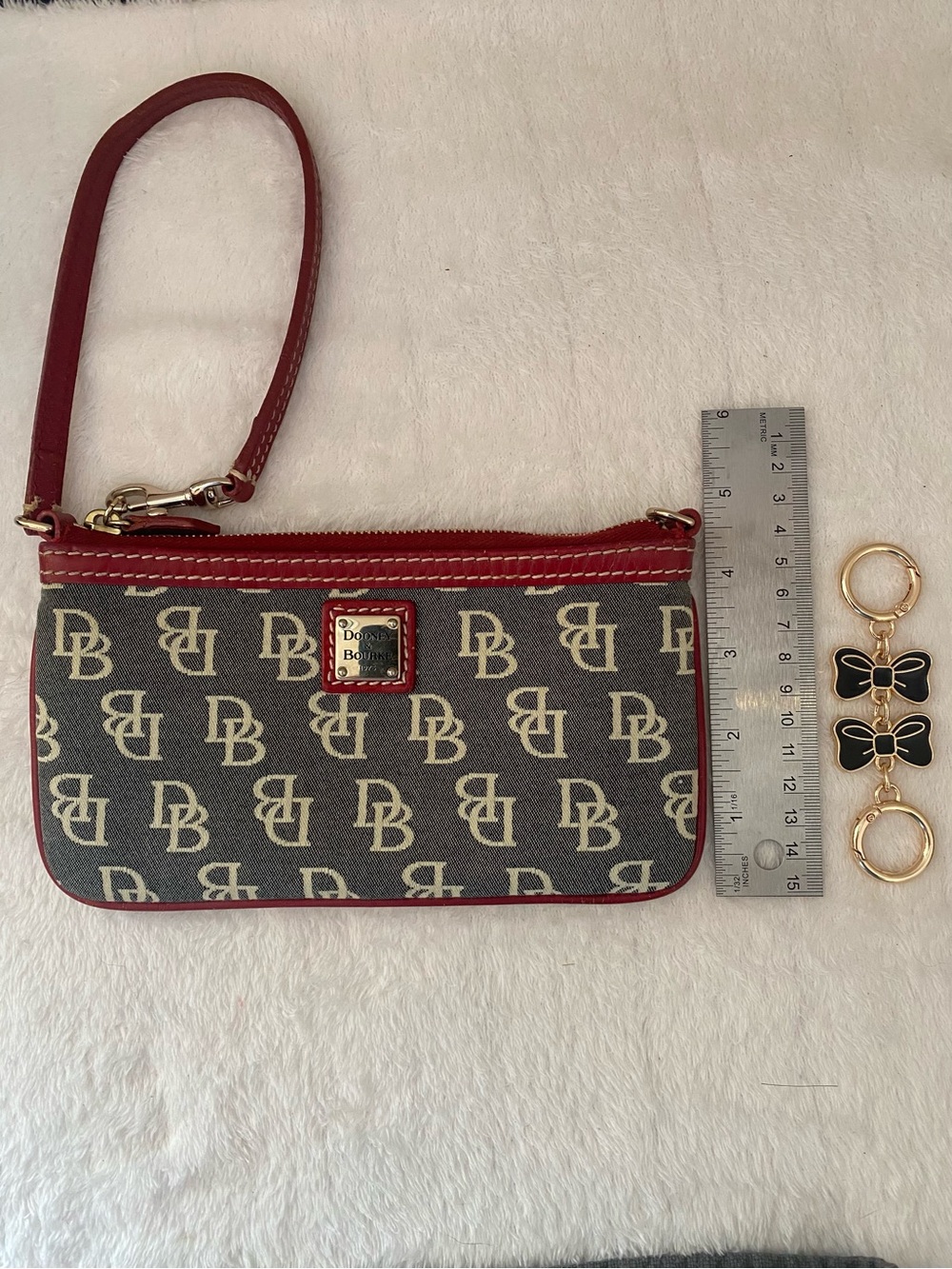 Dooney & Bourke DB Logo Canvas Wristlet with Red Trim and Extender - Picture 12 of 16